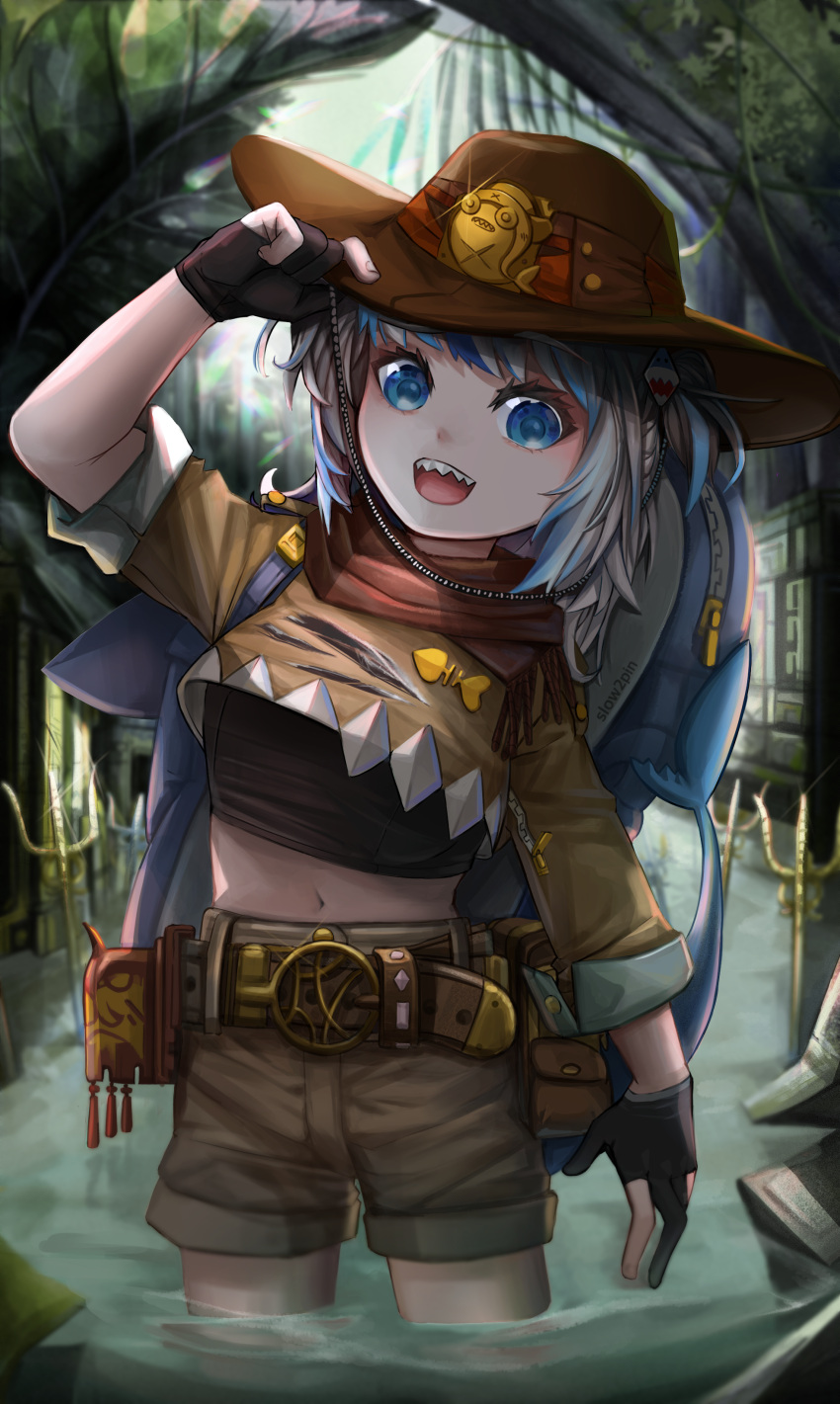 1girl absurdres alternate_costume backpack bag belt bloop_(gawr_gura) blue_eyes blue_hair brown_jacket cowboy_hat crop_top fingerless_gloves fish_tail gawr_gura gloves hat hat_tip highres hololive hololive_english indiana_jones indiana_jones_(cosplay) jacket looking_at_viewer midriff multicolored_hair navel overgrown partially_submerged polearm red_scraf ruins scraf shark_tail sharp_teeth shorts sleeves_rolled_up slow_2pin solo sports_bra tail teeth torn_clothes trident virtual_youtuber weapon white_hair