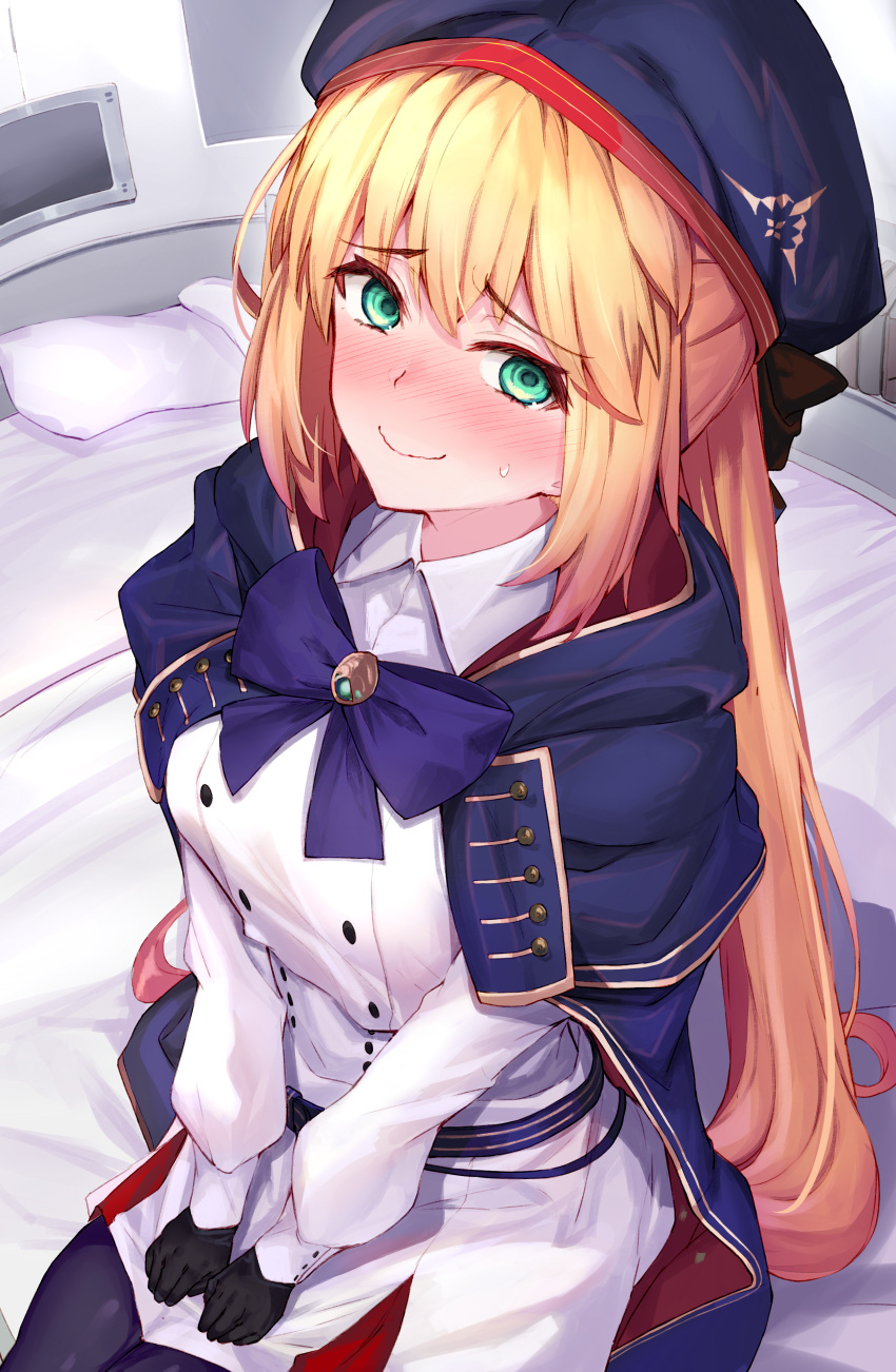 1girl absurdres artoria_pendragon_(caster)_(fate) artoria_pendragon_(fate) bangs belt beret black_gloves black_legwear blonde_hair blue_cape blue_headwear blush breasts buttons cape double-breasted dress fate/grand_order fate_(series) gloves green_eyes hat highres hood hooded_cape long_hair long_sleeves looking_at_viewer multicolored_cape multicolored_clothes ninoude_(ninoude44) pantyhose red_cape small_breasts thighs twintails white_dress