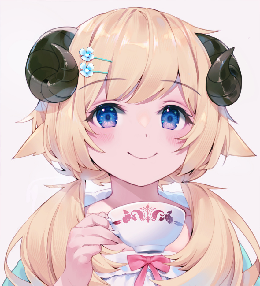 1girl absurdres andychen animal_ears bangs blonde_hair blue_eyes blush bow closed_mouth cup eyebrows_visible_through_hair flower hair_flower hair_ornament hair_over_shoulder hairclip hand_up highres holding holding_cup hololive horns long_hair looking_at_viewer low_twintails pink_bow sheep_ears sheep_girl sheep_horns simple_background smile solo teacup tsunomaki_watame twintails upper_body virtual_youtuber