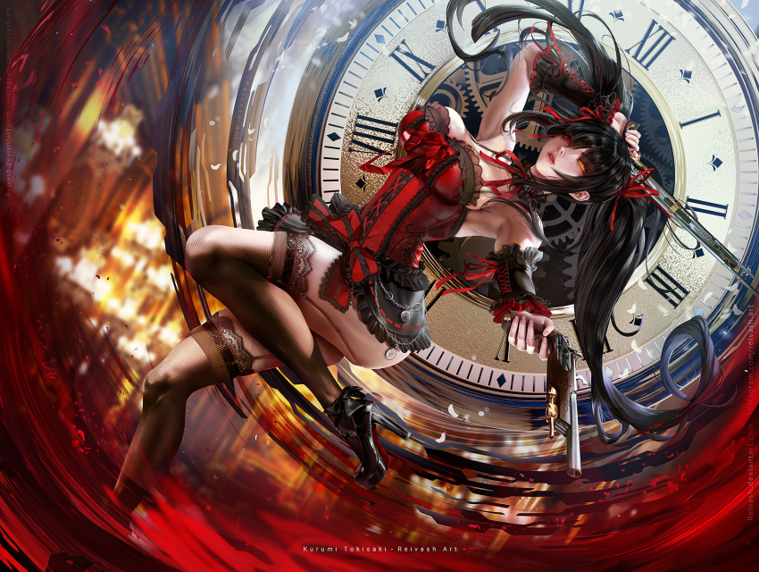 1girl black_footwear black_hair black_legwear breasts choker clock clock_eyes commentary date_a_live detached_sleeves dress english_commentary garter_straps gothic_lolita gun hairband heterochromia high_heels highres holding holding_gun holding_weapon javier_estrada large_breasts lolita_fashion lolita_hairband long_hair parted_lips red_eyes roman_numeral solo symbol-shaped_pupils thighs tokisaki_kurumi twintails uneven_twintails very_long_hair weapon yellow_eyes
