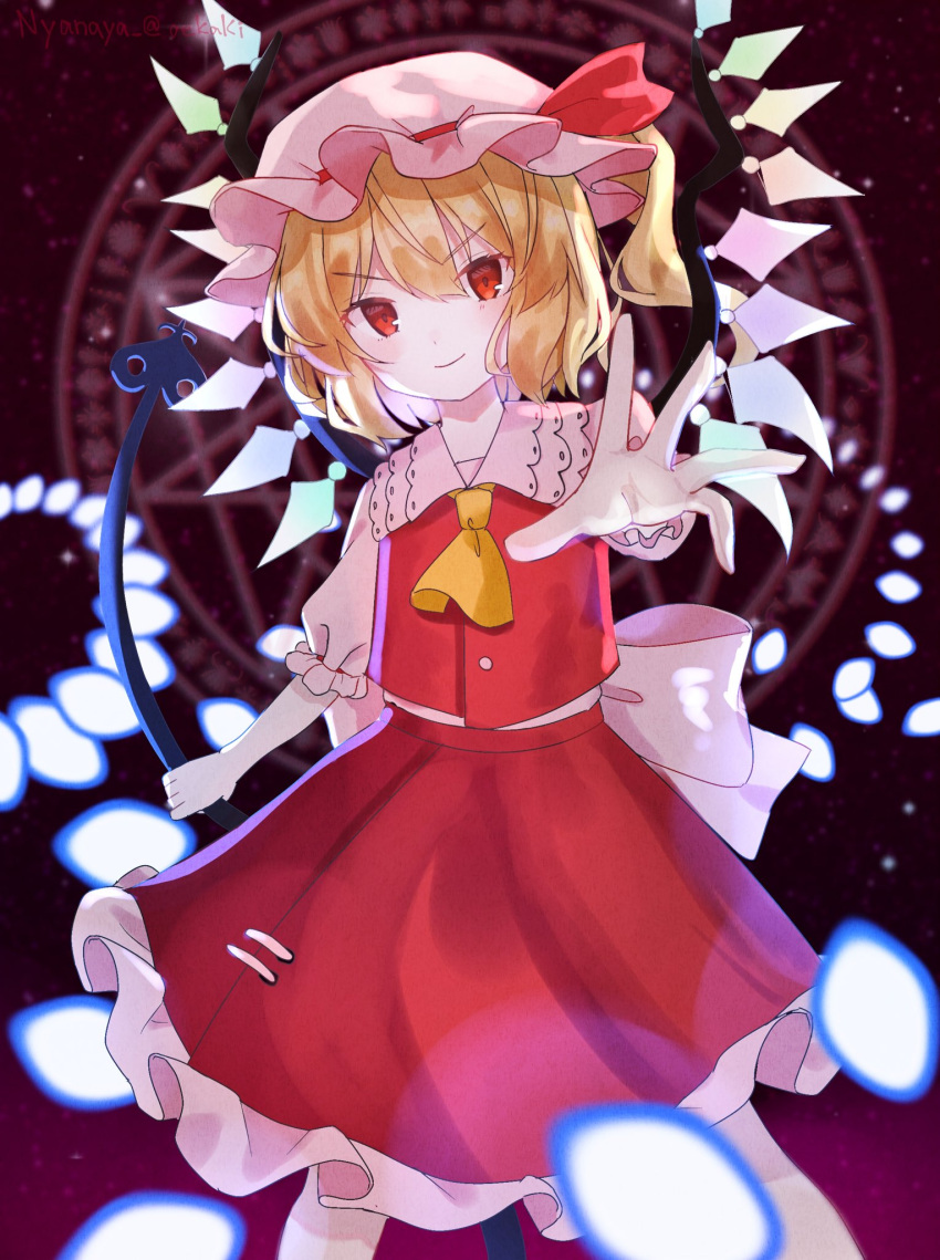 1girl arm_up ascot back_bow bangs black_background blonde_hair blush bow buttons closed_mouth collared_shirt crystal danmaku embodiment_of_scarlet_devil eyebrows_visible_through_hair flandre_scarlet frills gradient gradient_background grey_bow hair_between_eyes hand_up hat hat_ribbon highres jewelry laevatein_(touhou) looking_at_viewer mob_cap multicolored_wings nyanaya one_side_up pentagram pink_headwear pink_shirt polearm puffy_short_sleeves puffy_sleeves purple_background red_eyes red_ribbon red_skirt red_vest ribbon shirt short_hair short_sleeves skirt smile solo spear spell_card standing touhou v-shaped_eyebrows vest weapon wings yellow_ascot