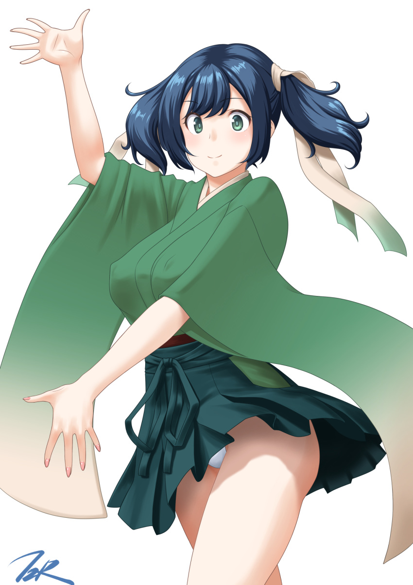 1girl artist_logo artist_name blue_hair breasts commentary_request cowboy_shot green_eyes green_hakama green_kimono hakama highres japanese_clothes kantai_collection kimono large_breasts looking_at_viewer panties pleated_skirt pose simple_background skirt solo souryuu_(kancolle) standing t2r twintails underwear white_background white_panties