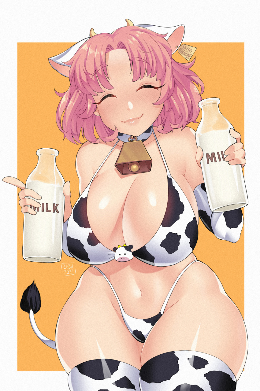 1girl absurdres animal_ears bell bottle breasts closed_eyes cow_ears cow_girl cow_horns cowbell highres horns large_breasts milk milk_bottle non-web_source original pink_hair short_hair thigh-highs zeshgolden