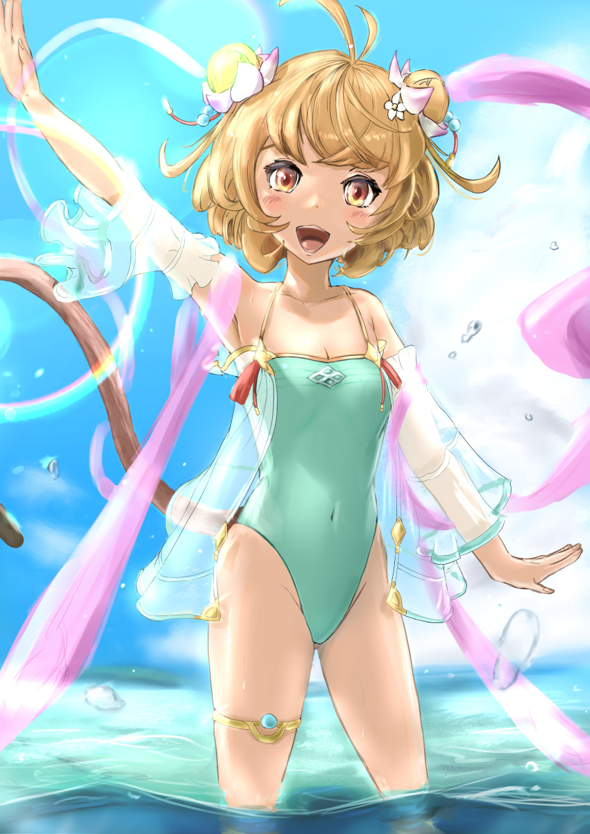 1girl absurdres ahoge andira_(granblue_fantasy) animal_ears bangs blue_eyes casual_one-piece_swimsuit cowboy_shot double_bun erune granblue_fantasy green_swimsuit highres long_hair monkey_ears monkey_girl monkey_tail murumuru_(mr_mr_pr_pr) one-piece_swimsuit open_mouth see-through soaking_feet solo standing swimsuit tail water wavy_hair