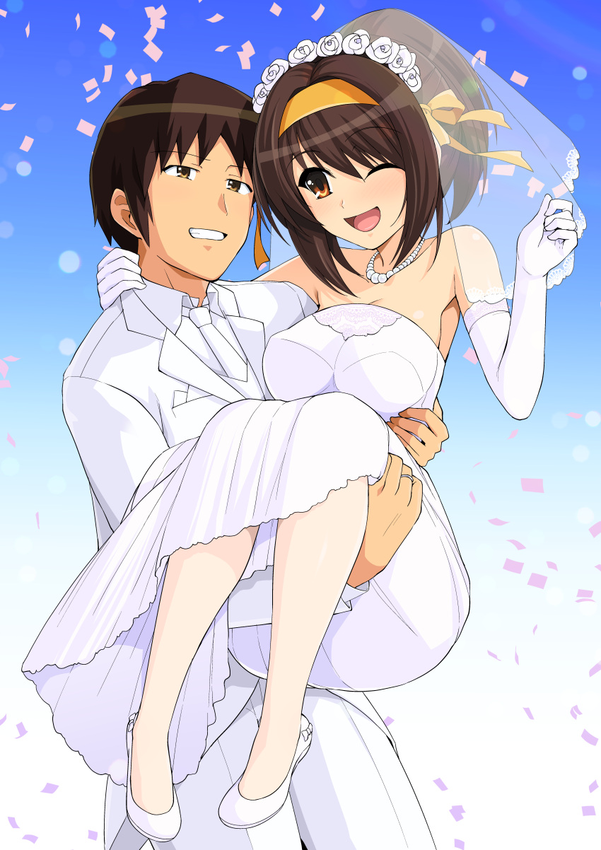 1boy 1girl ;d absurdres blue_background breasts bridal_veil brown_eyes brown_hair carrying commentary_request commission confetti couple dress flower formal gloves grin hairband happy haruhisky hetero highres husband_and_wife jewelry kyon medium_breasts necklace off_shoulder one_eye_closed open_mouth orange_hairband pantyhose pearl_necklace princess_carry ring rose second-party_source short_hair simple_background smile strapless strapless_dress suit suzumiya_haruhi suzumiya_haruhi_no_yuuutsu veil wedding wedding_band wedding_dress white_flower white_footwear white_legwear white_rose white_suit