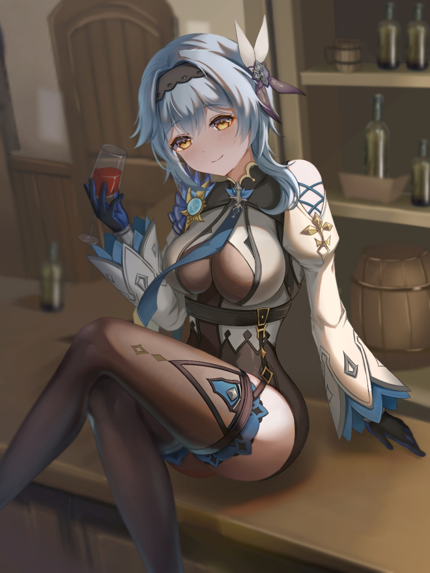 1girl alcohol bangs barrel black_gloves black_hairband black_legwear blue_hair blue_necktie blush bodysuit boots breasts butterfly_hair_ornament crossed_legs cup drinking_glass eula_(genshin_impact) eyebrows_visible_through_hair genshin_impact gloves hair_ornament hairband highres holding holding_cup indoors large_breasts long_hair looking_at_viewer necktie sitting sitting_on_bar smile thigh-highs thigh_boots user_cjrd3777 violet_eyes vision_(genshin_impact) wide_sleeves wine_glass