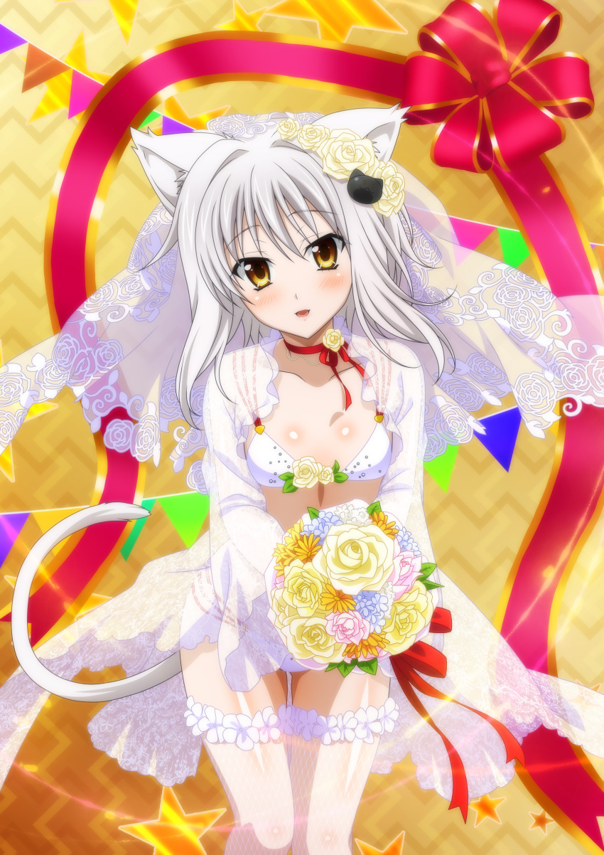 1girl absurdres animal_ears blush bouquet breasts cat_ears cat_girl cat_hair_ornament cat_tail flower hair_flower hair_ornament high_school_dxd highres looking_at_viewer official_art open_mouth short_hair silver_hair small_breasts solo standing tail thigh-highs toujou_koneko yellow_eyes