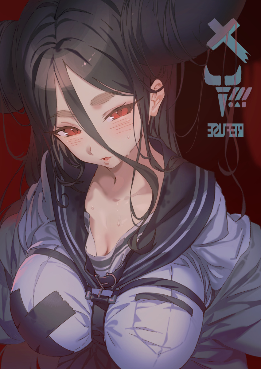 1girl absurdres bangs between_breasts black_hair black_sailor_collar blush breasts demon_horns grey_jacket hair_between_eyes hair_on_horn highres horns hxxg jacket large_breasts long_hair off_shoulder original parted_lips red_background red_eyes sailor_collar shirt solo strap_between_breasts sweat thick_eyebrows upper_body white_shirt