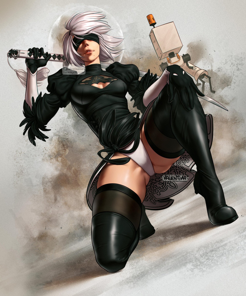 1girl black_blindfold black_dress black_hairband blindfold boots breasts cleavage_cutout clothing_cutout covered_eyes dress drone feather-trimmed_sleeves from_below hairband highres holding holding_sword holding_weapon katana leather leather_boots leotard lips long_sleeves mole mole_under_mouth nier_(series) nier_automata one_knee over_shoulder plantar_flexion pod_(nier_automata) short_hair side_slit silver_hair small_breasts solo_focus sword thigh-highs thigh_boots thighhighs_under_boots upskirt valentina_tavolilla vambraces virtuous_contract watermark weapon weapon_over_shoulder white_leotard yorha_no._2_type_b