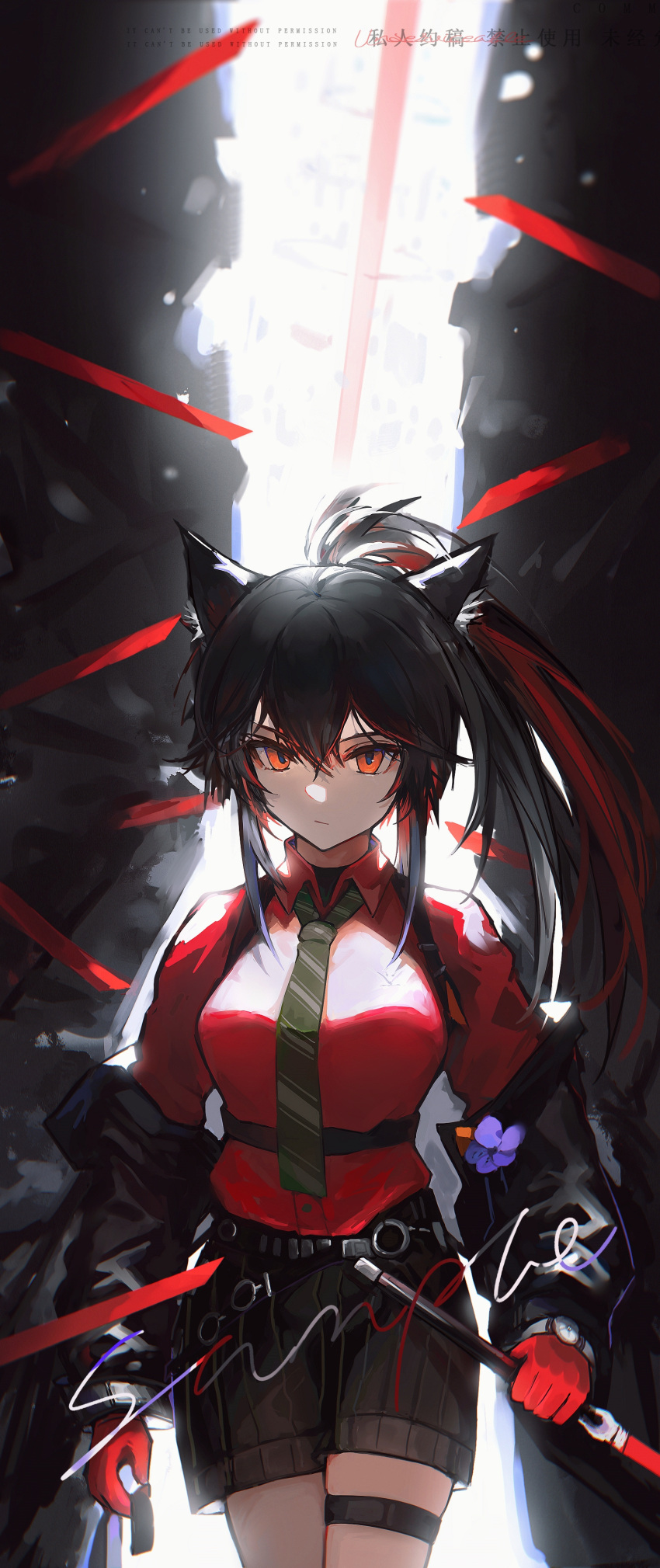 1girl absurdres animal_ear_fluff animal_ears arknights backlighting belt black_coat black_hair black_shorts breasts chinese_commentary chinese_text closed_mouth coat collared_shirt commentary_request cowboy_shot gloves green_necktie highres holding holding_sword holding_weapon large_breasts long_hair long_sleeves looking_at_viewer multicolored_hair necktie off_shoulder official_alternate_costume open_clothes open_coat ponytail red_eyes red_gloves red_shirt redhead sample_watermark shirt shorts shuibi501 sidelocks solo striped striped_shorts sword texas_(arknights) texas_(willpower)_(arknights) thigh_strap translation_request two-tone_hair vertical-striped_shorts vertical_stripes very_long_hair weapon wolf_ears
