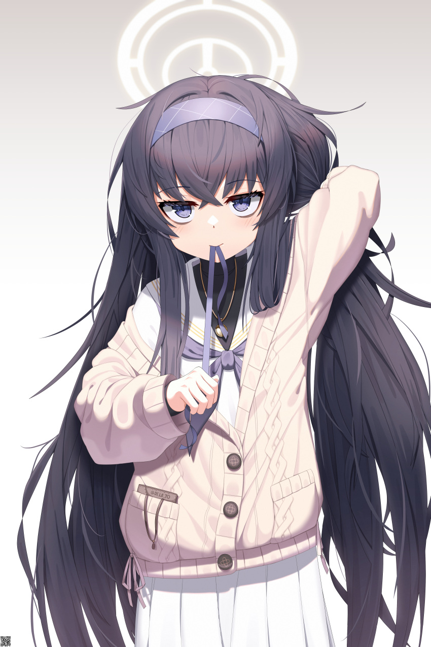 1girl absurdres ahoge bangs black_hair blue_archive cardigan delete_(xxag4475) eyebrows_visible_through_hair gradient gradient_background hair_between_eyes hairband highres holding long_hair long_sleeves looking_at_viewer messy_hair mouth_hold neck_ribbon pleated_skirt ribbon ribbon_in_mouth school_uniform skirt solo sweater ui_(blue_archive) very_long_hair violet_eyes white_hairband