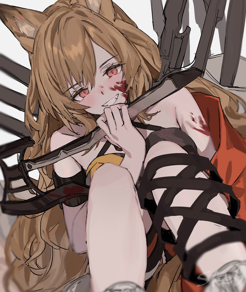 1girl :d animal_ears aogisa arknights arm_strap axe bangs bare_shoulders blood blood_on_face blood_on_weapon blush brown_hair ceobe_(arknights) ceobe_(summer_flowers)_(arknights) dog_ears eyebrows_visible_through_hair feet_out_of_frame grin halterneck highres holding holding_weapon knees_up long_hair looking_at_viewer official_alternate_costume parted_lips red_eyes simple_background sitting smile solo v-shaped_eyebrows very_long_hair weapon white_background