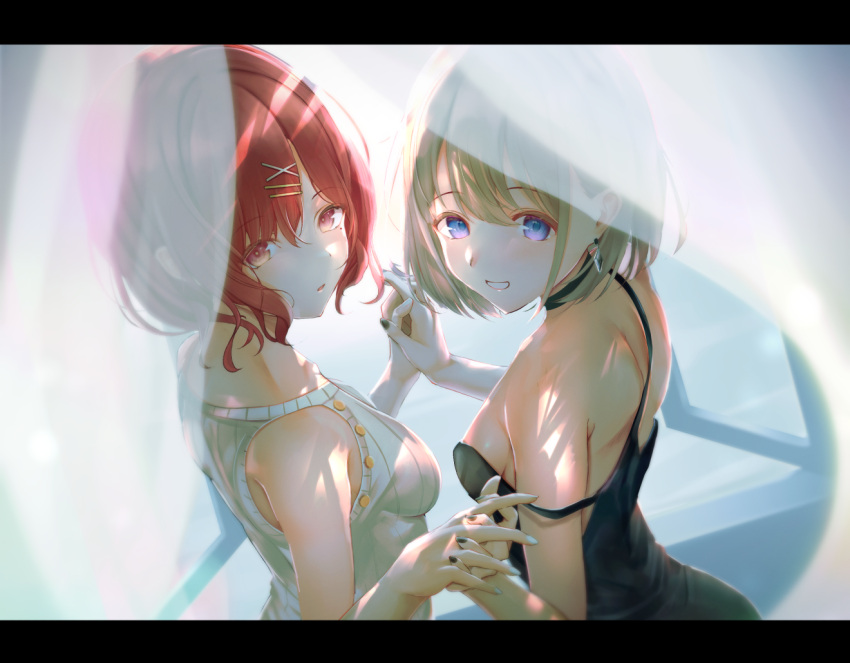 2girls bangs bare_shoulders black_dress black_nails blue_eyes breasts commentary_request curtains dress earrings eyebrows_visible_through_hair grin hair_between_eyes higuchi_madoka holding_hands idolmaster idolmaster_shiny_colors interlocked_fingers jewelry letterboxed looking_at_viewer looking_back mole mole_under_eye multiple_girls open_mouth red_eyes redhead ribbed_dress serizawa_asahi short_hair sleeveless sleeveless_dress small_breasts smile sunvinegar swept_bangs white_dress window