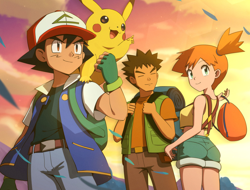 1girl 2boys ash_ketchum ass baseball_cap brock_(pokemon) closed_eyes commentary_request gonzarez green_eyes hat highres misty_(pokemon) multiple_boys orange_hair outdoors pikachu pokemon pokemon_(anime) pokemon_(classic_anime) pokemon_(creature) short_hair shorts side_ponytail spiky_hair suspenders