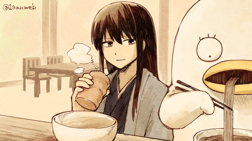 1boy 1other a4_(drpnd) black_hair cup eating elizabeth_(gintama) food gintama indoors japanese_clothes katsura_kotarou long_hair looking_at_another noodles sitting smile soba teacup