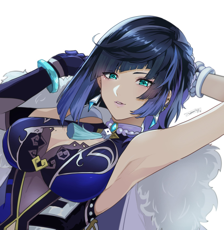 1girl aqua_eyes arm_up armpits asymmetrical_gloves asymmetrical_hair bangs black_hair blue_hair bob_cut breasts diagonal_bangs dice dutch_angle earrings elbow_gloves genshin_impact gloves gradient_hair highres jacket jacket_on_shoulders jewelry large_breasts looking_at_viewer mismatched_gloves mole mole_on_breast multicolored_hair o0azure0o parted_lips simple_background single_elbow_glove smile solo tassel_choker upper_body yelan_(genshin_impact)