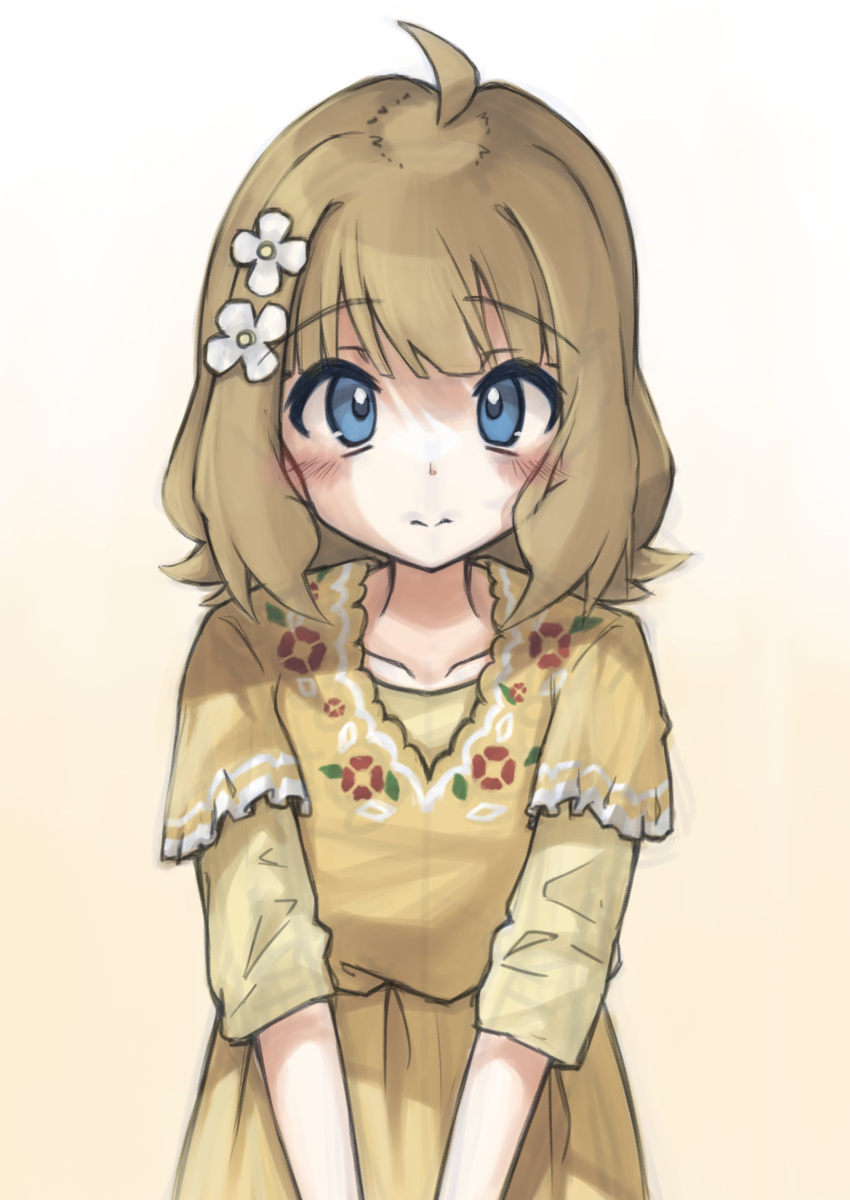 absurdres ahoge bangs blue_eyes blush brown_hair child closed_mouth collarbone commentary_request dress eyebrows_visible_through_hair flat_chest floral_print flower gradient gradient_background hair_flower hair_ornament highres idolmaster idolmaster_million_live! long_sleeves looking_at_viewer medium_hair semi_colon solo suou_momoko upper_body v_arms wavy_hair yellow_background yellow_dress
