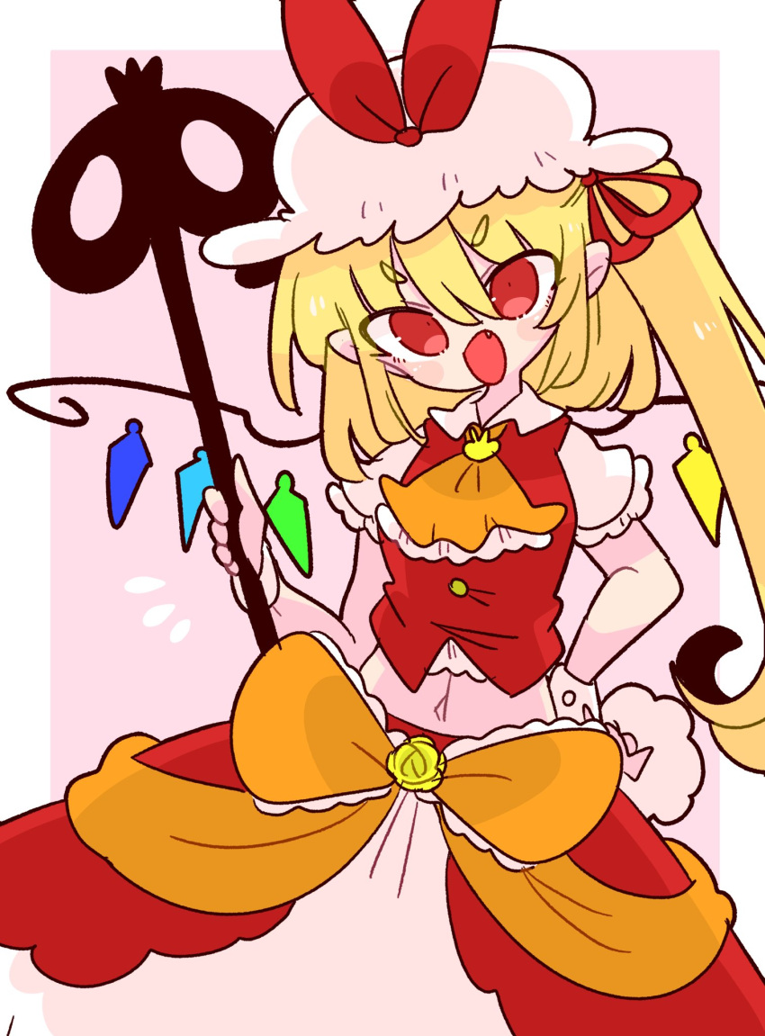 1girl adapted_costume ascot blonde_hair bow crystal fang flandre_scarlet frilled_shirt frilled_shirt_collar frilled_skirt frilled_sleeves frills hat hat_ribbon highres laevatein_(touhou) medium_hair midriff mob_cap navel one_side_up op_na_yarou puffy_short_sleeves puffy_sleeves red_bow red_eyes red_ribbon red_skirt red_vest ribbon shirt short_hair short_sleeves side_ponytail simple_background skirt solo touhou vest white_background white_headwear white_shirt white_skirt wings yellow_ascot