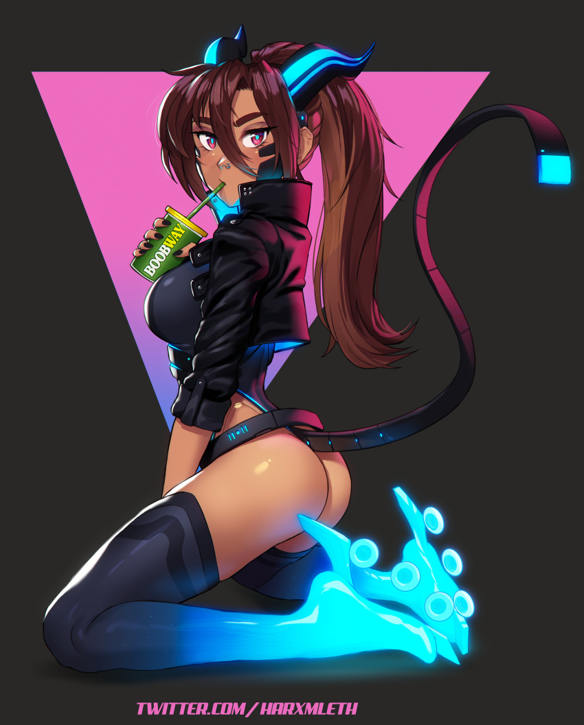1girl ass black_horns black_jacket black_leotard black_nails brand_name_imitation breasts brown_hair commission cropped_jacket cup cyberpunk dark-skinned_female dark_skin disposable_cup drinking_straw english_commentary fingernails from_side full_body glowing hair_between_eyes headset helixel_(helixel) highleg highleg_leotard highres horns ice_skates jacket kneeling leather leather_jacket leotard long_hair looking_at_viewer mathias_leth medium_breasts nose_piercing nose_ring original piercing ponytail popped_collar red_eyes skates sleeves_pushed_up solo subway_(company) tail tail_through_clothes thigh-highs thong_leotard