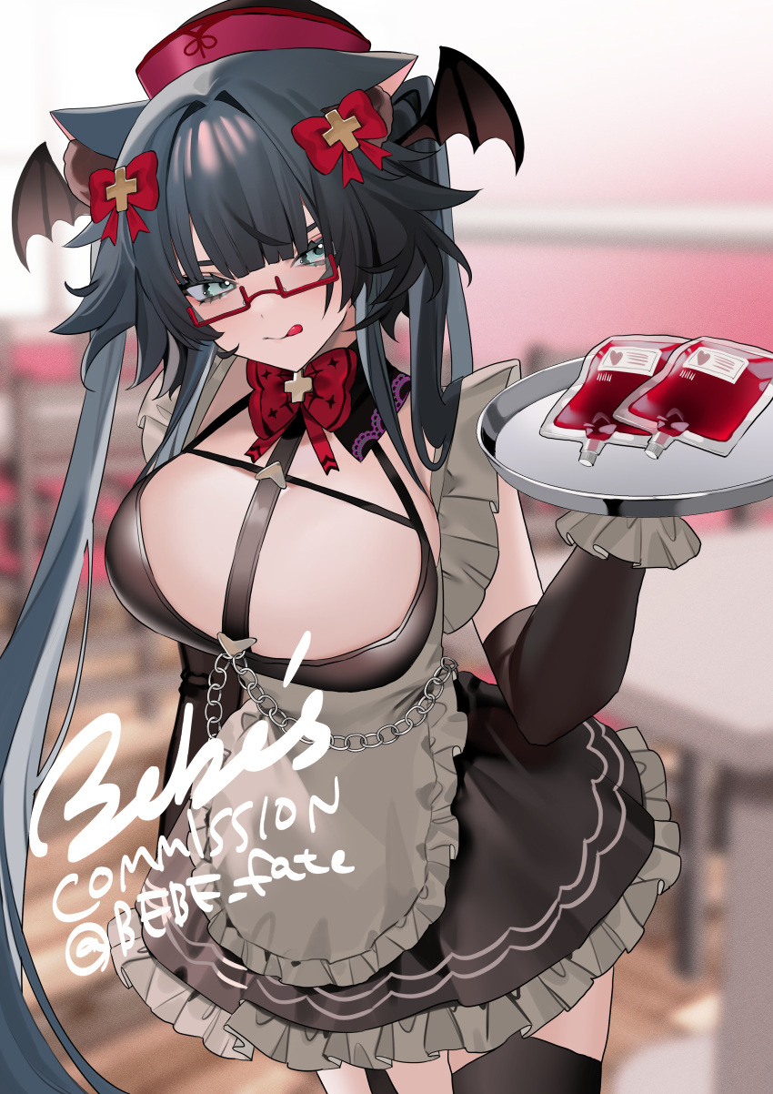 1girl :q absurdres animal_ears bangs bebe_pp black_hair black_legwear blood blood_bag blue_eyes blush breasts character_request commission copyright_request detached_sleeves glasses hair_ornament hat head_wings highres long_hair looking_at_viewer maid nurse_cap skeb_commission smile solo thigh-highs tongue tongue_out tray very_long_hair