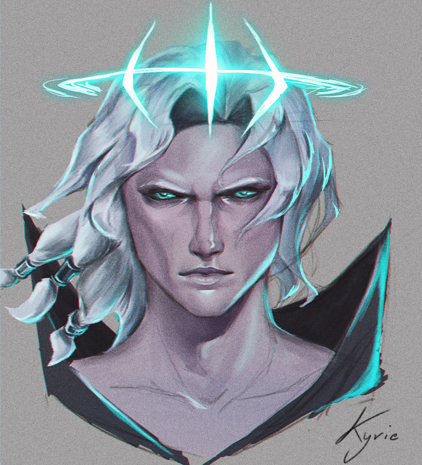 1boy absurdres close-up closed_mouth collarbone commentary_request crown facing_viewer forehead glowing green_eyes halo highres league_of_legends male_focus realistic short_hair signature simple_background solo tied_hair valkyrie_(ekpk5223) viego_(league_of_legends) white_hair