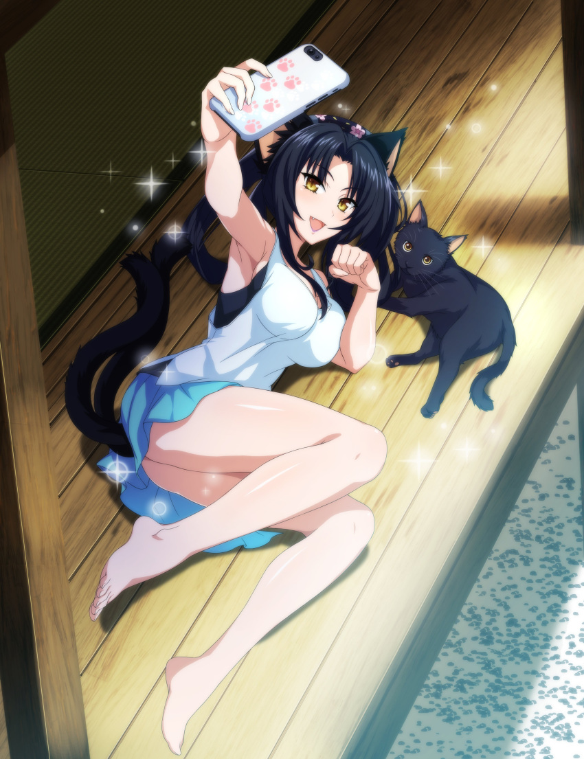 1girl absurdres animal animal_ears armpits barefoot black_hair breasts cat cat_ears cat_girl cat_tail cellphone fang full_body hair_rings hairband high_school_dxd highres kuroka_(high_school_dxd) large_breasts lipstick long_hair lying makeup multiple_tails nekomata official_art on_side open_mouth paw_pose phone purple_lips selfie slit_pupils smartphone smile solo tail thighs yellow_eyes