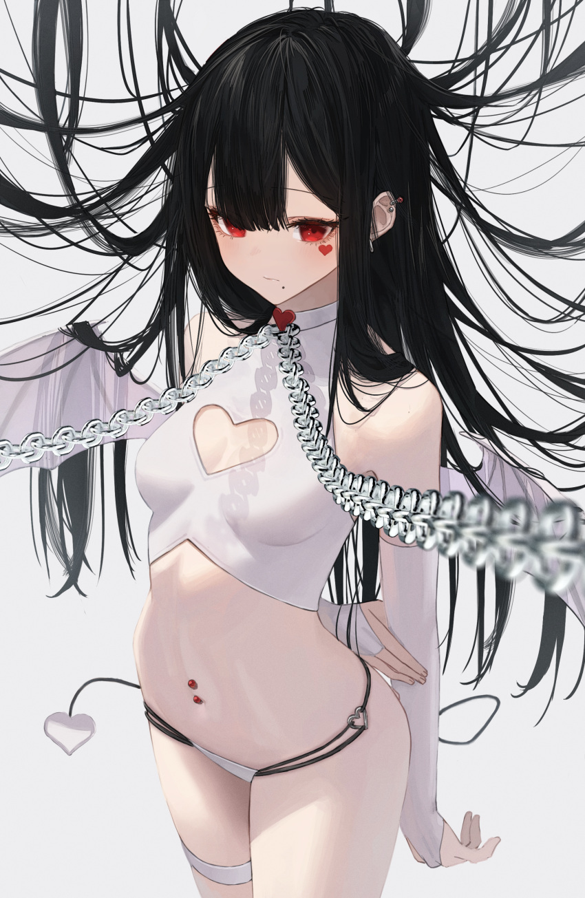 1girl absurdres arms_behind_back bikini bikini_bottom_only black_hair breasts bridal_gauntlets chain chained closed_mouth clothing_cutout collar crop_top demon_tail demon_wings ear_piercing facial_mark hara_kenshi heart heart_collar heart_cutout highres holding_own_arm long_hair mole mole_under_eye navel_piercing original piercing red_eyes small_breasts solo spade_(shape) swimsuit tail thigh_strap thighs white_bikini white_collar wings