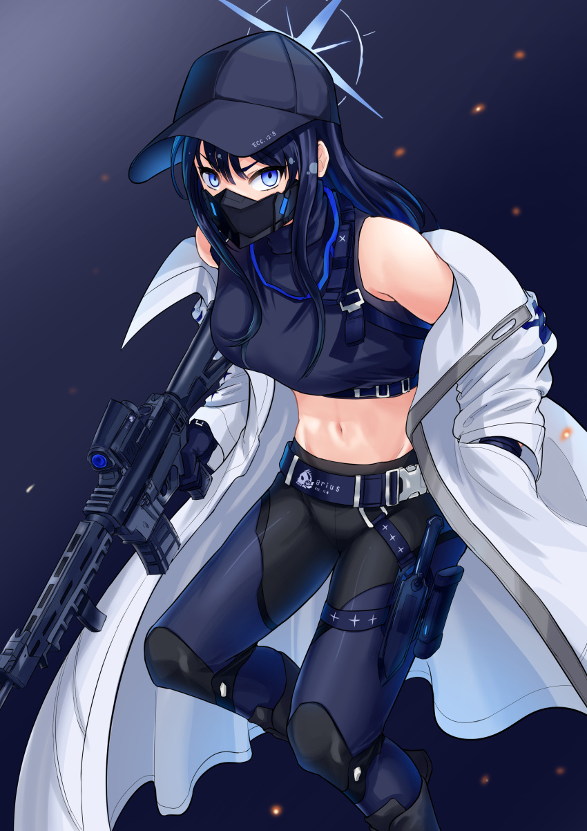 1girl absurdres bangs bare_shoulders belt black_gloves black_hair black_pants blue_archive blue_background blue_belt blue_eyes blue_shirt breasts coat commentary cowboy_shot crop_top eyebrows_visible_through_hair fim-92_stinger gloves groin gun hair_between_eyes halo hand_in_pocket hat highres holding holding_gun holding_weapon knife knife_holster long_hair long_sleeves looking_at_viewer mask medium_breasts midriff mouth_mask navel off_shoulder pants rocket_launcher saori_(blue_archive) shirt sidelocks sleeveless sleeveless_shirt snap-fit_buckle solo standing underbust weapon white_coat