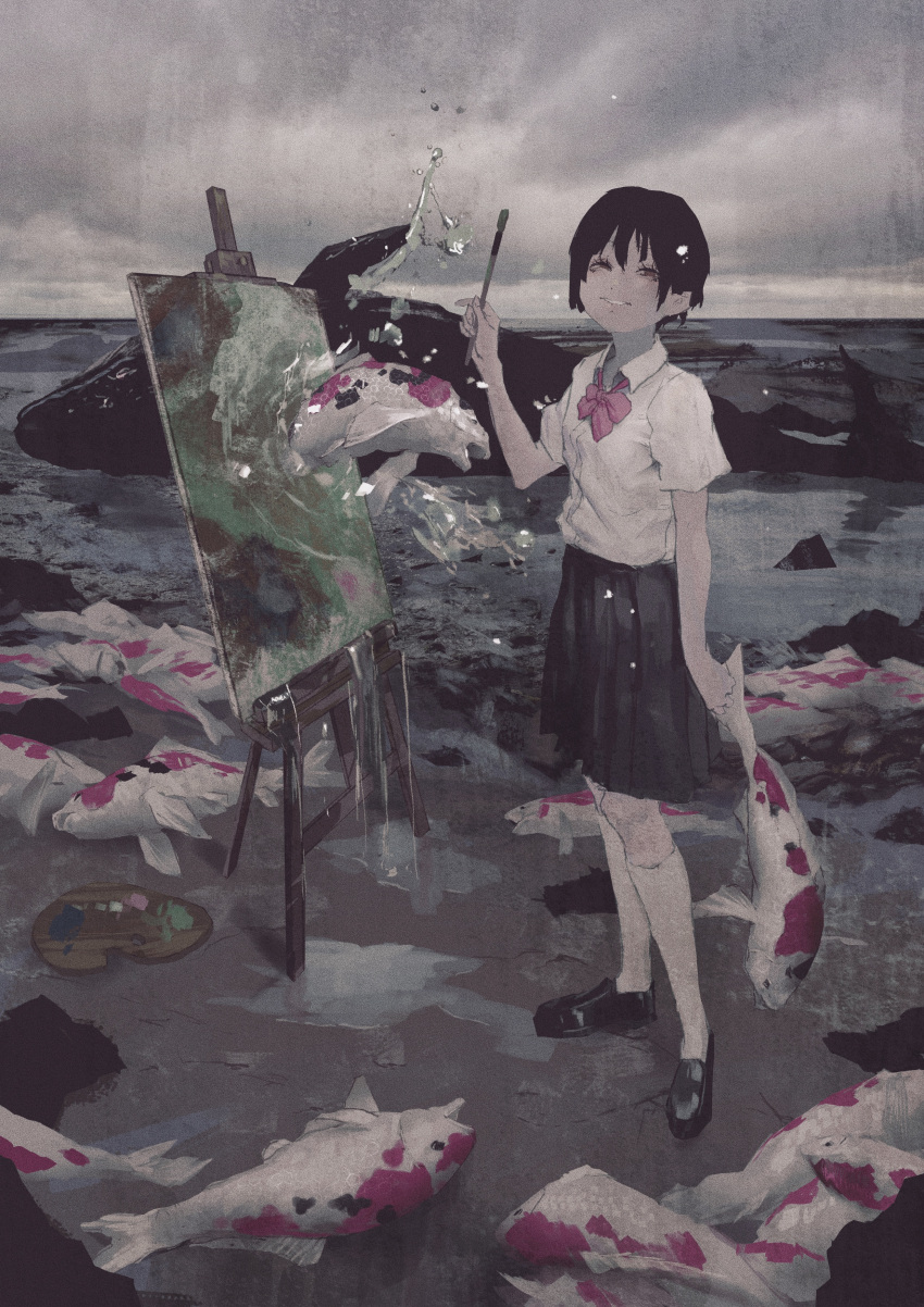 1girl absurdres animal bangs black_footwear black_hair black_skirt bow bowtie brown_eyes canvas_(object) collared_shirt commentary easel english_commentary fish full_body hand_up highres holding holding_animal holding_fish holding_paintbrush kneehighs koi loafers looking_at_viewer neg_(101neg) original outdoors paintbrush palette_(object) parted_lips pleated_skirt red_bow scenery school_uniform shirt shoes short_hair short_sleeves skirt smile solo standing teeth water whale white_legwear white_shirt