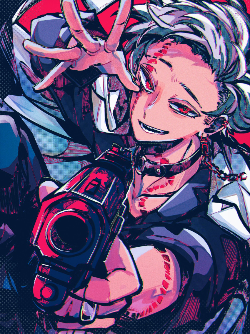 1boy belt_collar character_request collar copyright_request dutch_angle earrings facial_mark gun hata_kiwi highres holding holding_gun holding_weapon jewelry looking_at_viewer red_background red_eyes ring simple_background smile solo tagme teeth weapon white_hair