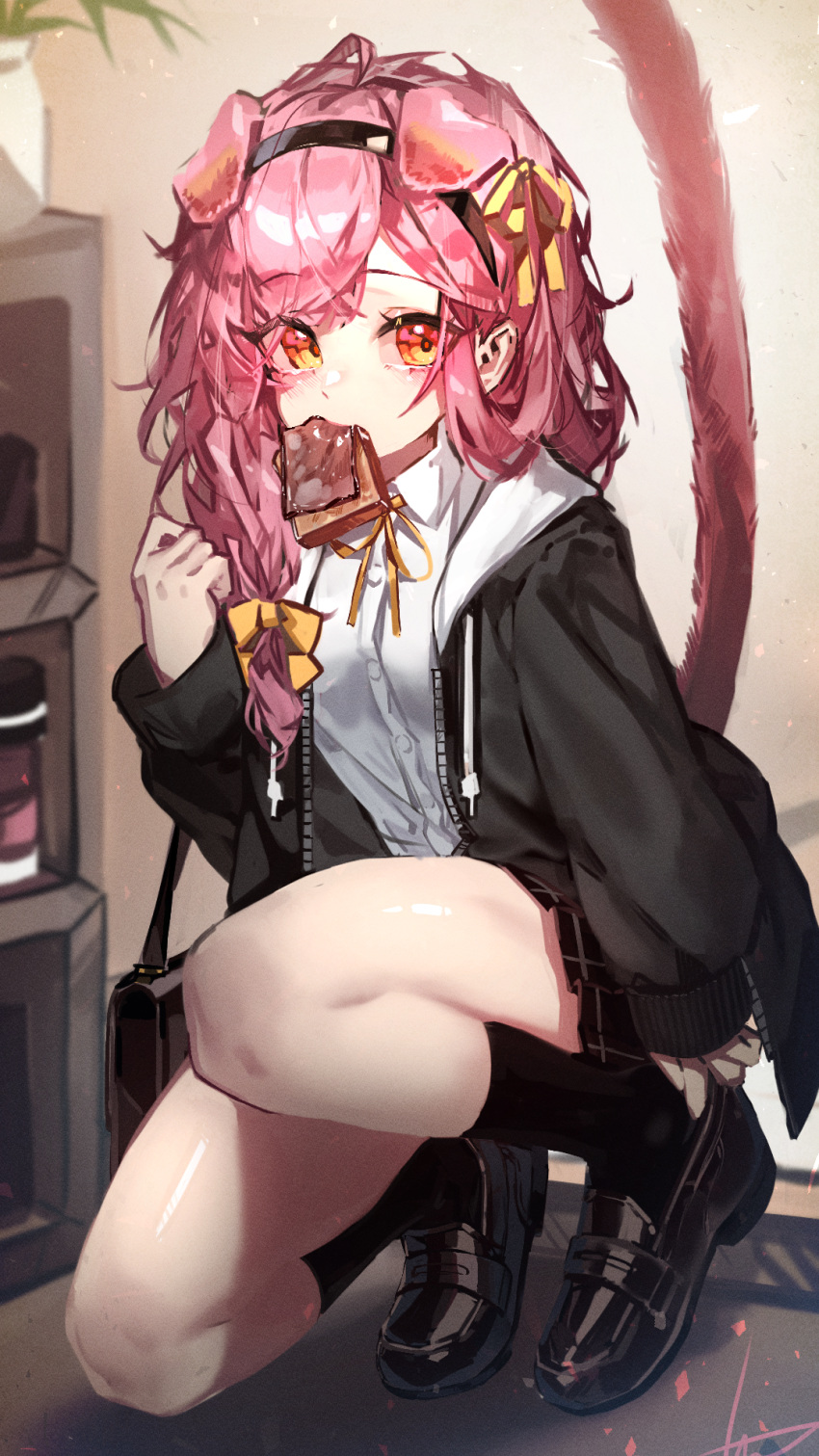 1girl animal_ears arknights bangs black_footwear black_hairband black_jacket black_legwear black_skirt blush braid cat_ears cat_girl cat_tail collared_shirt drawstring eyebrows_visible_through_hair food food_in_mouth full_body goldenglow_(arknights) hair_ribbon hairband highres indoors jacket kneehighs libiadan loafers long_hair long_sleeves looking_at_viewer miniskirt mouth_hold neck_ribbon one_knee open_clothes open_shirt orange_eyes pink_hair plaid plaid_skirt pleated_skirt ribbon shirt shoes side_braid signature skirt sleeves_past_wrists solo tail toast toast_in_mouth white_shirt yellow_ribbon