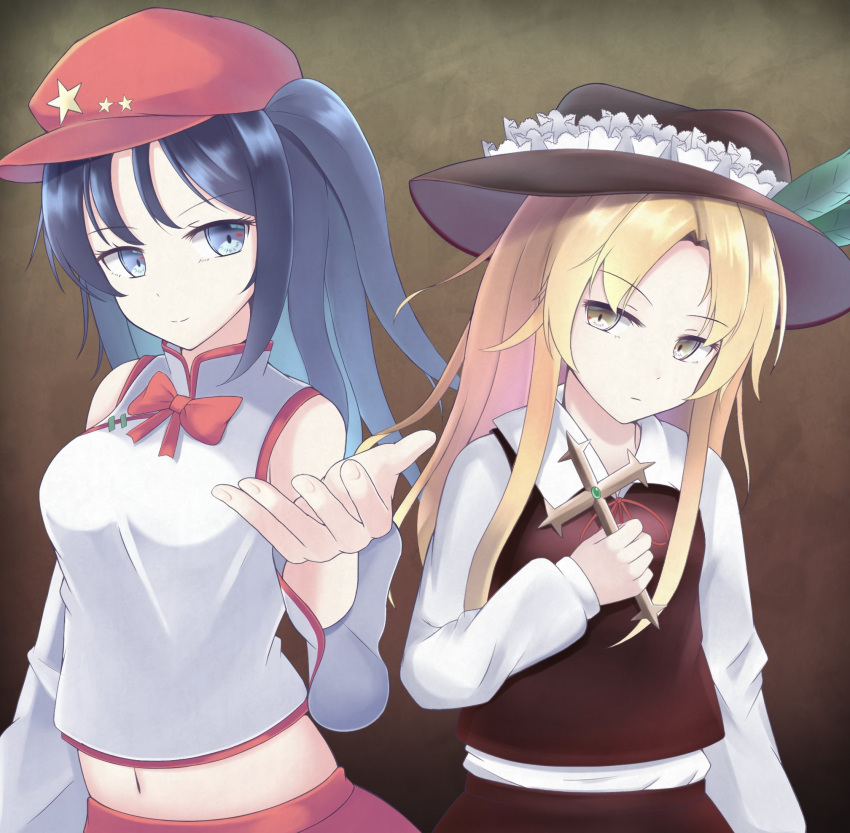 2girls bare_shoulders blonde_hair blue_eyes blue_hair bow bowtie brown_background brown_headwear brown_skirt brown_vest cabbie_hat closed_mouth collared_shirt commentary_request cross eyebrows_visible_through_hair flat_cap frilled_hat frills gesture hat hat_feather hat_ornament highres holding holding_cross jacket_girl_(dipp) label_girl_(dipp) long_hair long_sleeves looking_at_viewer mandarin_collar midriff multiple_girls navel outstretched_hand red_bow red_bowtie red_headwear red_skirt serious shirt side_ponytail skirt smile star_(symbol) star_hat_ornament stomach str11x touhou upper_body vest white_shirt white_sleeves white_vest wide_sleeves yellow_eyes