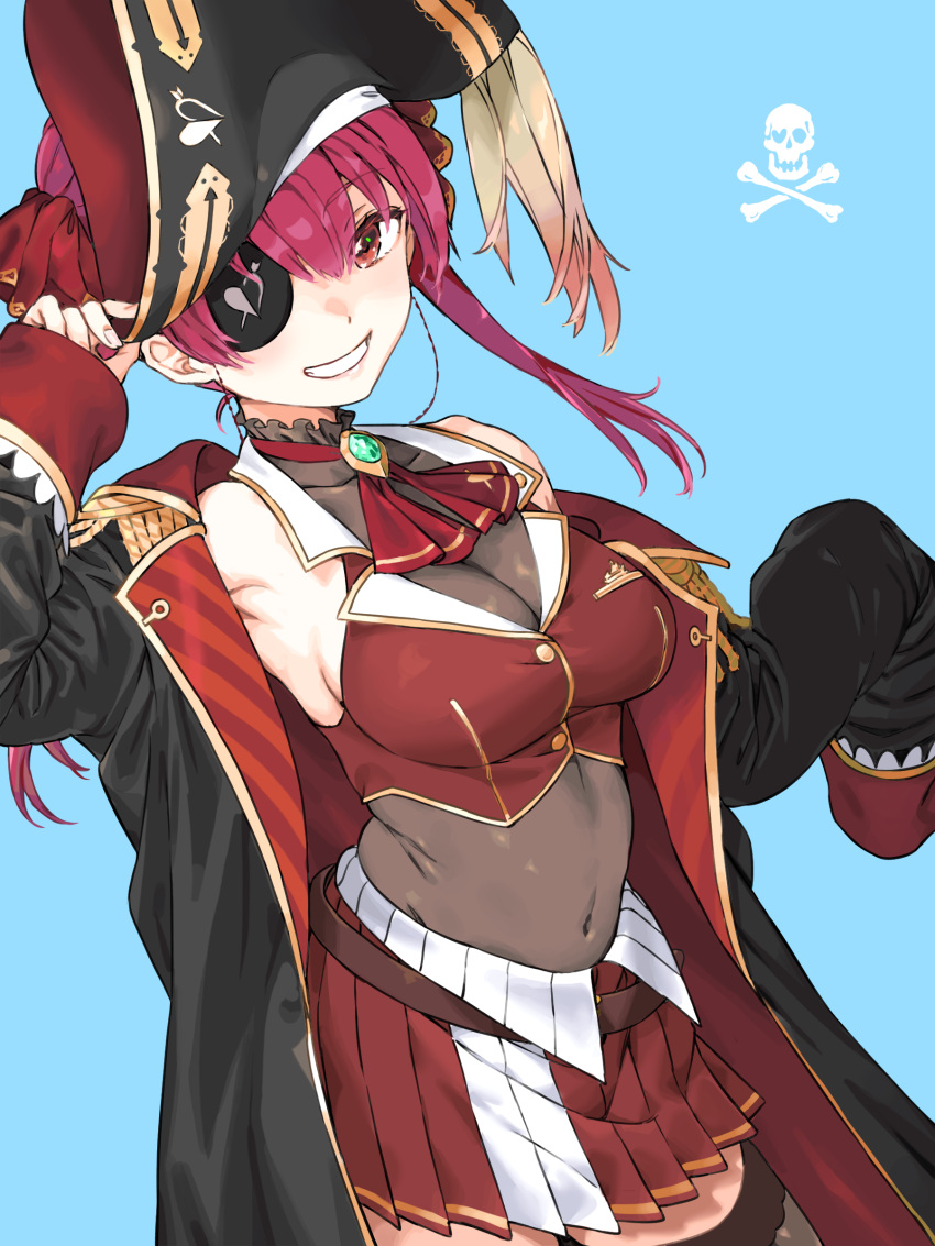 1girl absurdres arrow_through_heart ascot breasts commentary_request gold_trim haimura_kiyotaka hat heterochromia highres hololive houshou_marine large_breasts leotard leotard_under_clothes long_hair pirate pirate_hat red_ascot red_eyes redhead see-through_leotard solo twintails virtual_youtuber
