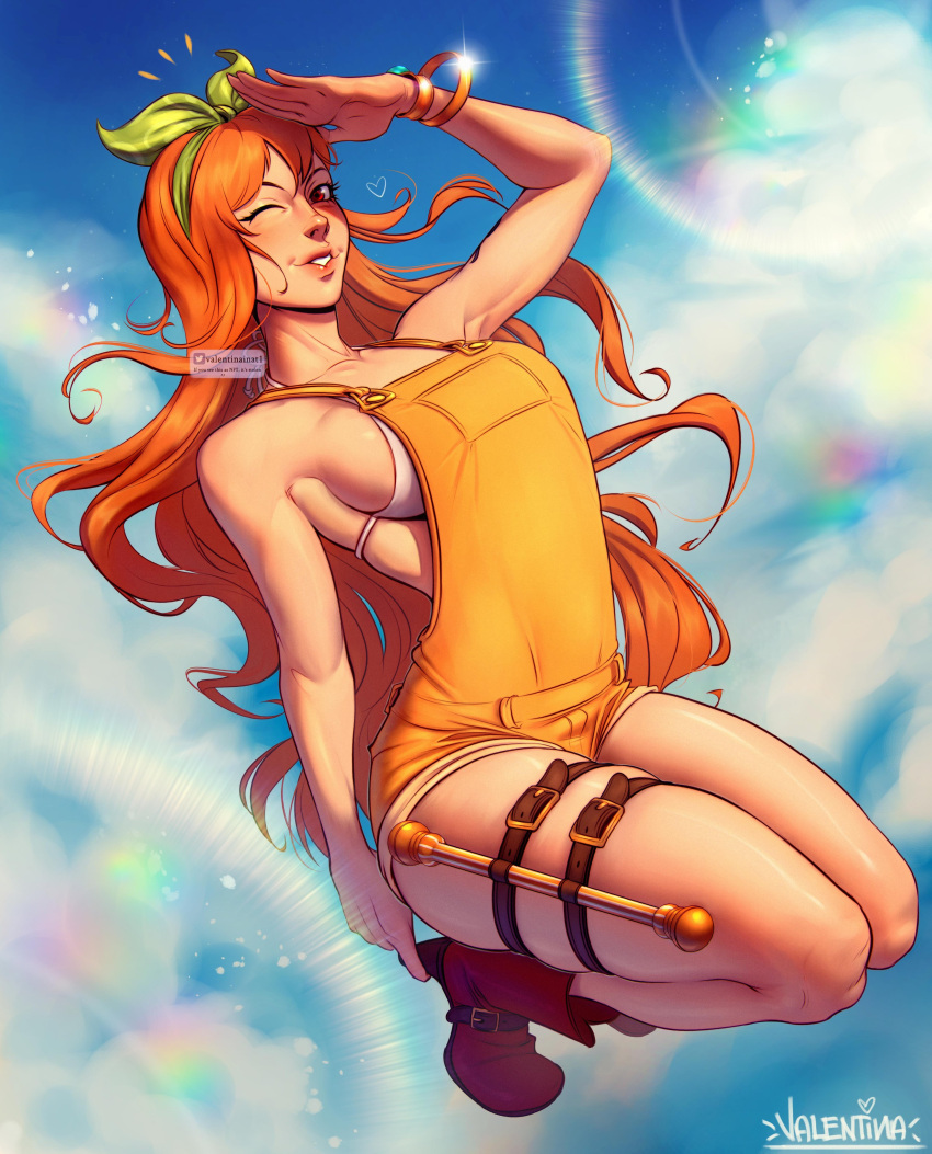 1girl absurdres bangle bikini bikini_top_only boots bracelet breasts brown_footwear clima-tact day full_body highres jewelry jumping legs_together lens_flare lips long_hair nami_(one_piece) nose one_eye_closed one_piece orange_eyes orange_hair orange_overalls overalls shading_eyes shoulder_tattoo sideboob skindentation smile solo swimsuit tattoo thigh_strap valentina_tavolilla watermark white_bikini