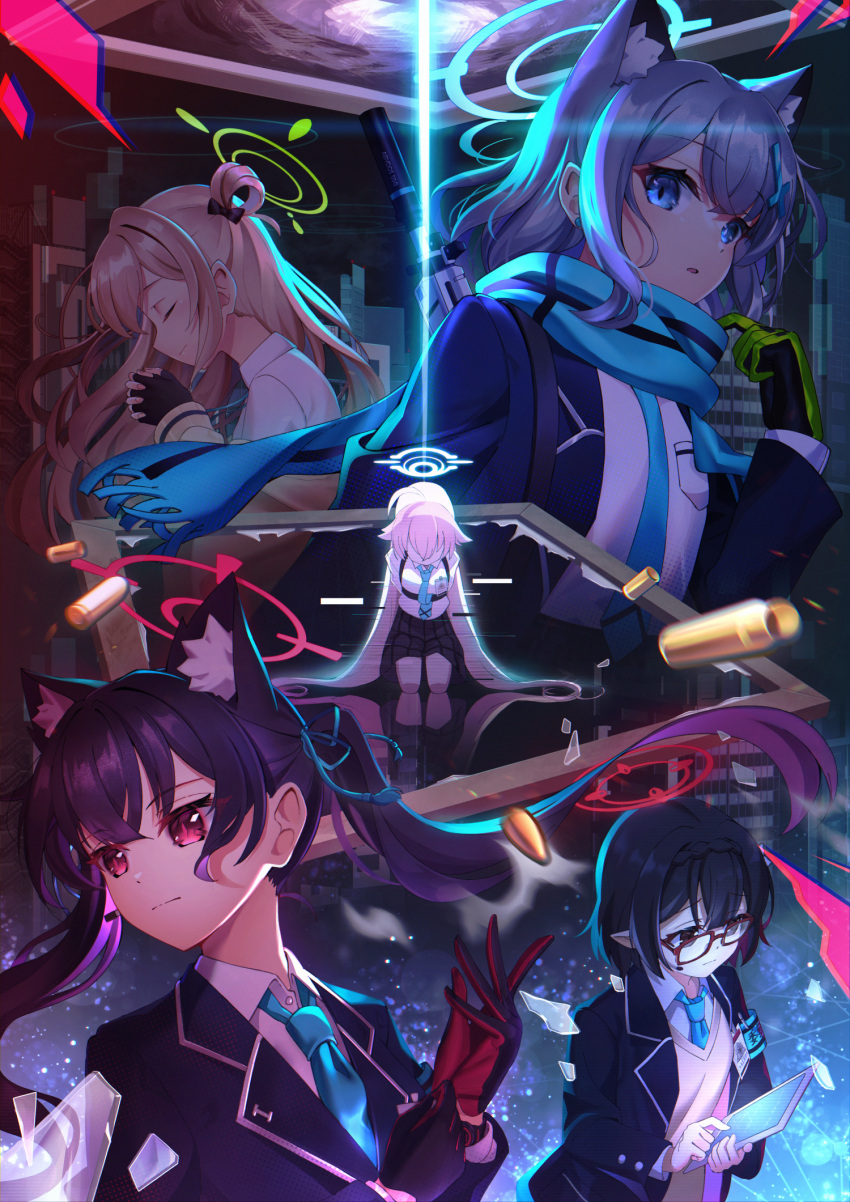 5girls adjusting_clothes adjusting_gloves ahoge animal_ear_fluff animal_ears armband assault_rifle ayane_(blue_archive) black_gloves black_hair blazer blue_archive blue_eyes blue_necktie blue_ribbon blue_scarf braid braided_bangs building bullet cat_ears chest_harness closed_eyes closed_mouth collared_shirt cross_hair_ornament faceless facing_to_the_side fingerless_gloves glass_shards glitch gloves glowing green_gloves grey_skirt gun hair_ornament hair_ribbon halo harness highres holding holding_tablet_pc hoshino_(blue_archive) id_card jacket kneeling light_brown_hair light_particles long_hair long_sleeves looking_afar looking_at_viewer looking_down looking_to_the_side medium_hair mismatched_pupils multiple_girls necktie nonomi_(blue_archive) off_shoulder open_clothes open_jacket own_hands_clasped own_hands_together parted_lips picture_frame pink_hair plaid plaid_skirt pointy_ears red-framed_eyewear red_eyes red_gloves ribbon rifle safety_pin sasatabekung scarf school_uniform serika_(blue_archive) shell_casing shiroko_(blue_archive) shirt short_hair sig_sauer_556 silver_hair skirt striped striped_scarf suppressor sweater_vest tablet_pc twintails two-tone_gloves upper_body weapon weapon_on_back white_shirt wolf_ears yellow_jacket yellow_sweater_vest