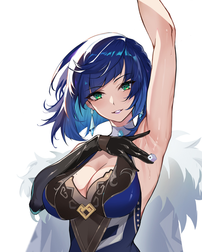 1girl absurdres arm_up armpits bangs black_gloves blue_dress blue_hair breasts diagonal_bangs dress earrings elbow_gloves eyebrows_visible_through_hair feather-trimmed_jacket genshin_impact gloves green_eyes highres holding_dice jacket jacket_on_shoulders jewelry large_breasts looking_at_viewer mole mole_on_breast multicolored_hair paradox parted_lips presenting_armpit short_hair single_elbow_glove sleeveless sleeveless_dress smile solo sweat two-tone_hair upper_body white_background white_jacket yelan_(genshin_impact)