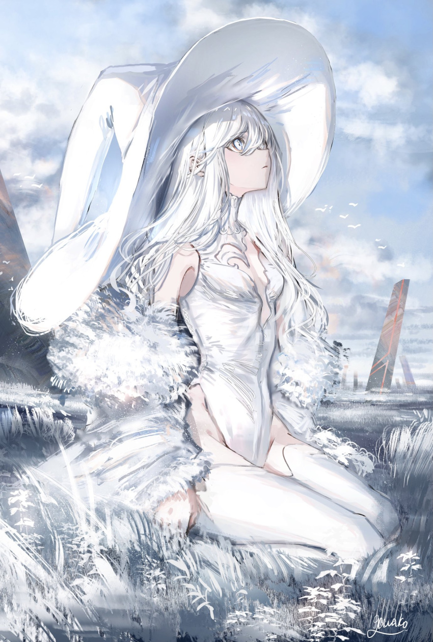 1girl bare_shoulders bird breasts chinese_commentary closed_mouth clouds fur_coat grass hair_between_eyes highleg highleg_leotard highres leotard looking_up nanaponi off_shoulder original outdoors pointy_nose seiza signature sitting sky small_breasts solo strapless strapless_leotard white_eyes white_hair white_headwear white_legwear white_leotard
