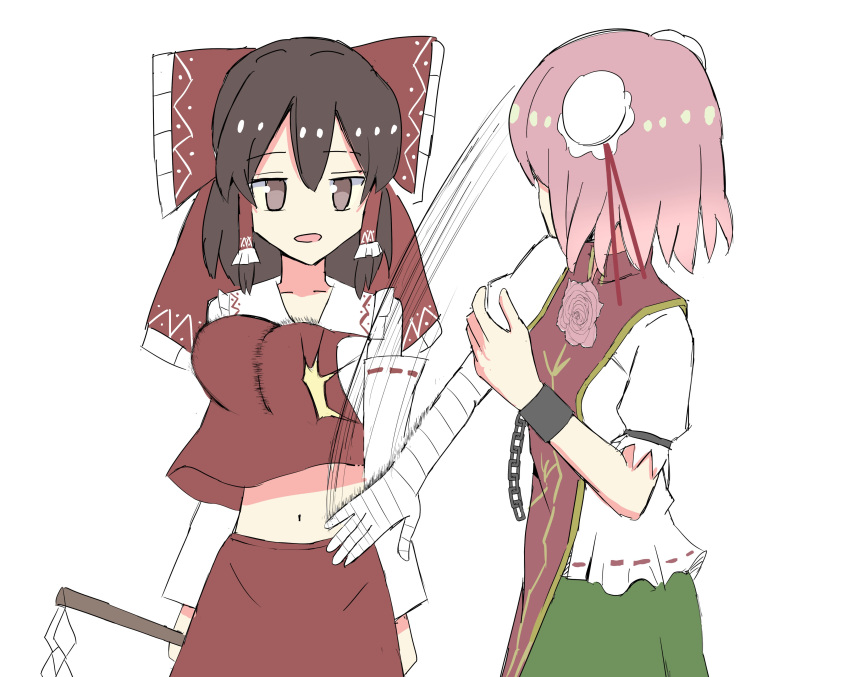 2girls absurdres bandaged_arm bandages bouncing_breasts bow breast_slap breasts brown_eyes brown_hair bun_cover chain chinese_clothes collar collarbone cuffs deadpan detached_sleeves double_bun eyebrows_visible_through_hair flower gohei hair_bow hair_tubes hakurei_reimu highres ibaraki_kasen japanese_clothes large_breasts medium_hair meme miko multiple_girls navel nontraditional_miko oni pink_flower pink_hair pink_rose red_bow red_ribbon red_shirt red_skirt remomon_(sdnn8578) ribbon rose shackles shirt sidelocks simple_background skirt skirt_set tabard touhou white_background white_collar will_smith_slapping_chris_rock_(meme)