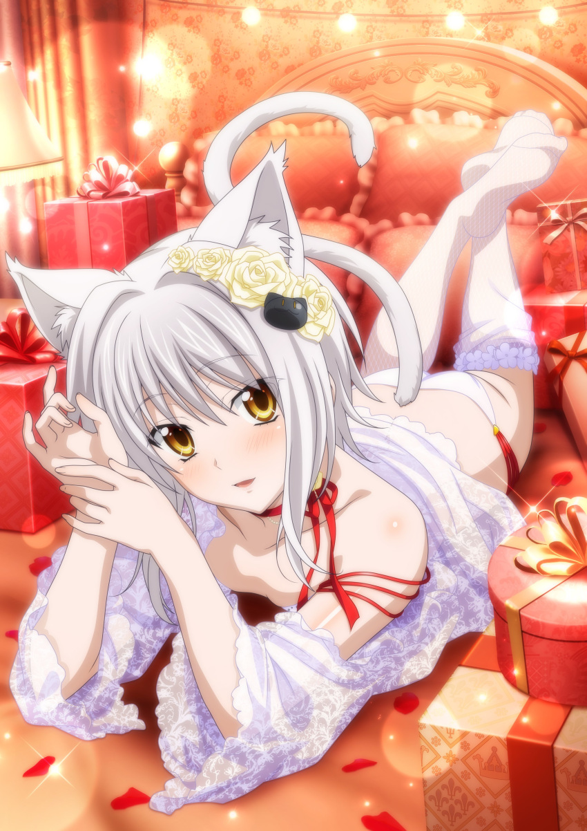 1girl absurdres animal_ears ass bed blush bouquet box breasts cat_ears cat_girl cat_hair_ornament cat_tail flower gift gift_box hair_flower hair_ornament high_school_dxd highres looking_at_viewer lying official_art on_stomach open_mouth pillow short_hair silver_hair solo tail thigh-highs toujou_koneko yellow_eyes