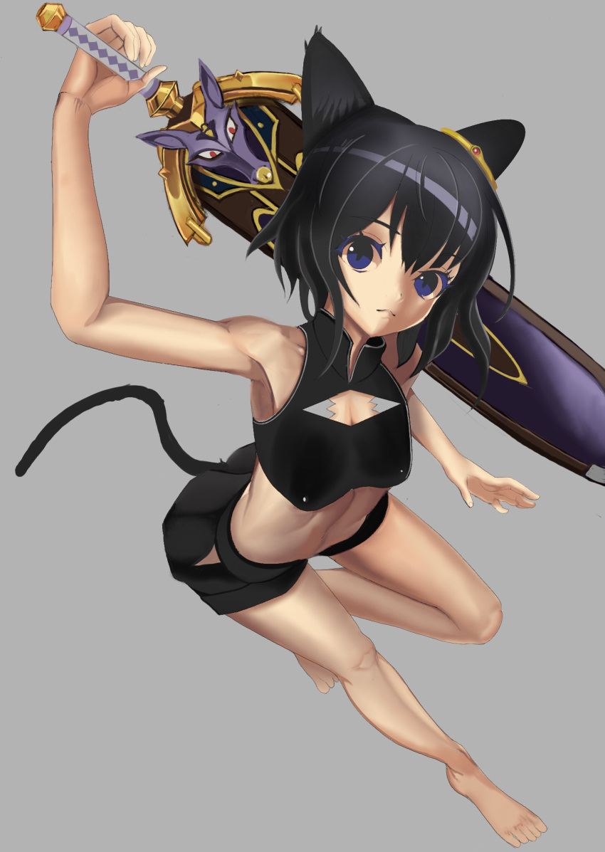 1girl 1other animal_ears arm_up armpits bare_shoulders barefoot black_fur black_hair black_shorts blue_eyes breasts cat_ears cat_girl cat_tail earrings eyebrows_visible_through_hair fantasy feet fran_(tensei_shitara_ken_deshita) from_above full_body gold_earrings grey_background hair_between_eyes highres holding holding_sword holding_weapon jewelry looking_at_viewer looking_up medium_breasts midriff red_eyes rokuba sheath sheathed shiny shiny_clothes shiny_hair shishou_(tensei_shitara_ken_deshita) short_shorts shorts simple_background slit_pupils stomach sword tail tensei_shitara_ken_deshita thighs weapon