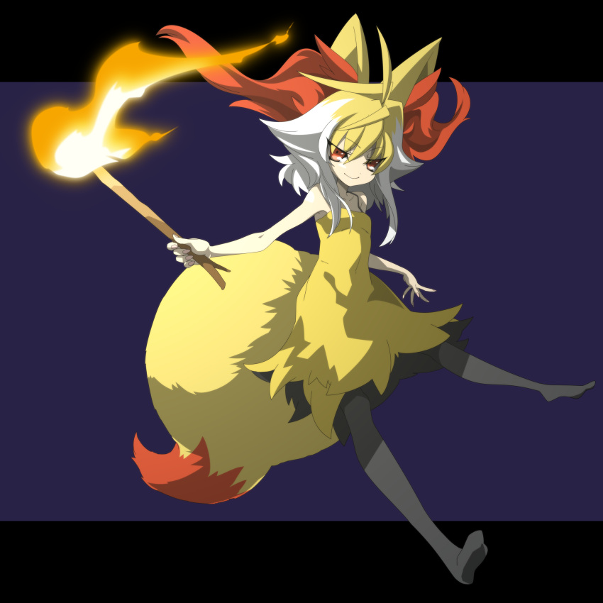 1girl animal_ear_fluff animal_ears bangs bare_shoulders black_legwear blonde_hair braixen breasts closed_mouth collarbone commentary dress eyebrows_visible_through_hair fire fox_ears fox_girl fox_tail full_body happy highres holding holding_stick humanization legs_apart letterboxed looking_at_viewer medium_hair multicolored_hair outside_border pantyhose pokemon purple_background pyrokinesis red_eyes shimaumayamada simple_background sleeveless sleeveless_dress small_breasts smile solo spaghetti_strap stick tail two-tone_hair v-shaped_eyebrows white_hair yellow_dress