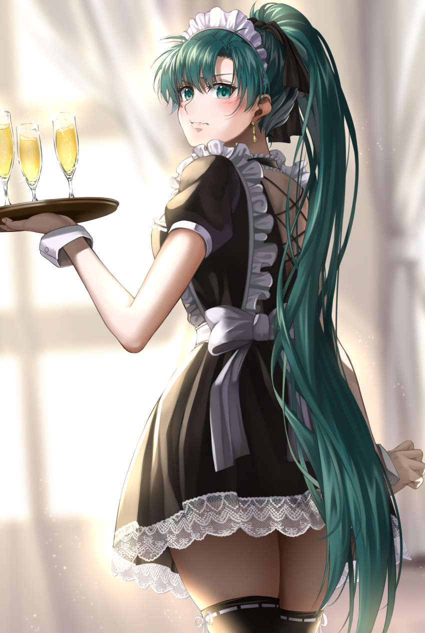 1girl alcohol alternate_costume back_cutout bangs black_dress black_legwear black_ribbon blurry blurry_background blush bow champagne closed_mouth clothing_cutout cup curtains delsaber dress drinking_glass earrings enmaided fire_emblem fire_emblem:_the_blazing_blade frilled_dress frills from_behind green_eyes green_hair hair_ribbon high_ponytail highres holding holding_tray jewelry long_hair looking_at_viewer looking_back lyn_(fire_emblem) maid maid_headdress ponytail ribbon short_sleeves simple_background solo sparkle thigh-highs thighs tray very_long_hair waist_bow wavy_mouth wrist_cuffs zettai_ryouiki