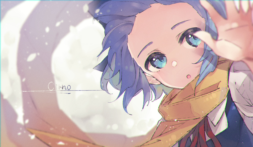 1girl blue_eyes blue_hair blurry blurry_background blurry_foreground character_name cirno depth_of_field face forehead grey_background highres jacket japanese_clothes long_sleeves looking_at_viewer multicolored_hair o_(crazyoton46) ribbon scarf short_hair simple_background solo touhou