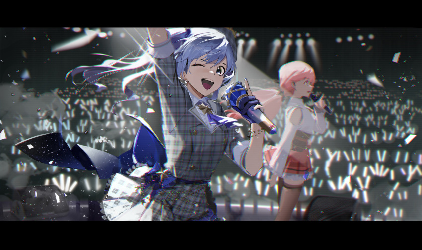 2girls ;d absurdres arm_up bangs blue_eyes blue_gloves blue_hair blue_nails brown_legwear clothing_cutout corset dress floating_hair gloves glowstick grey_dress hand_up highres holding holding_microphone hololive hoshimachi_suisei kawa683 long_hair long_sleeves microphone multiple_girls nail_polish one_eye_closed partially_fingerless_gloves pink_hair plaid plaid_dress red_skirt sakura_miko shirt short_sleeves shoulder_cutout skirt smile stage standing thigh-highs twintails virtual_youtuber white_shirt