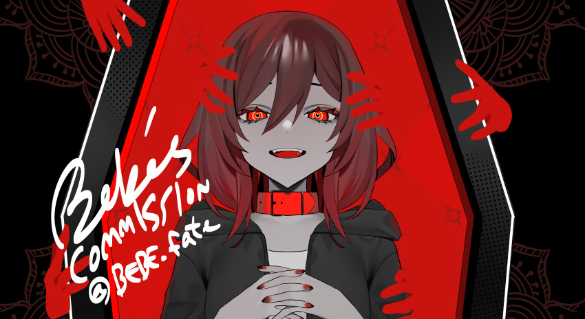 1girl absurdres bebe_pp black_nails brown_hair character_request coffin collar commission copyright_request eyelashes heart heart-shaped_pupils highres hood hooded_jacket jacket looking_at_viewer red_eyes red_nails skeb_commission solo symbol-shaped_pupils