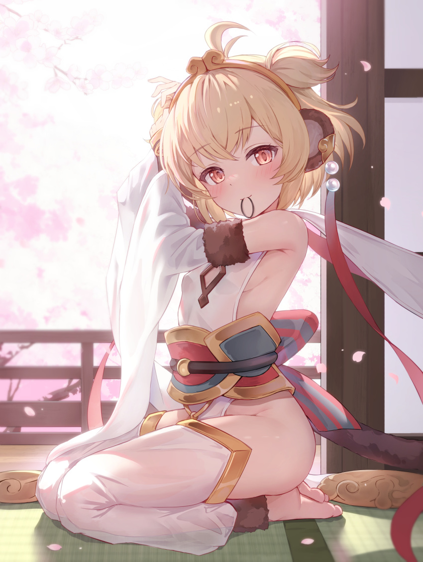 1girl ahoge andira_(granblue_fantasy) animal_ears arms_up bangs barefoot blush breasts closed_mouth commentary detached_leggings detached_sleeves eyebrows_visible_through_hair from_side full_body granblue_fantasy hair_tie_in_mouth hairband highres kimblee leotard long_sleeves looking_at_viewer looking_to_the_side monkey_ears monkey_tail mouth_hold red_eyes seiza short_hair sideboob sitting small_breasts smile solo tail twintails two_side_up tying_hair white_legwear white_leotard yellow_hairband
