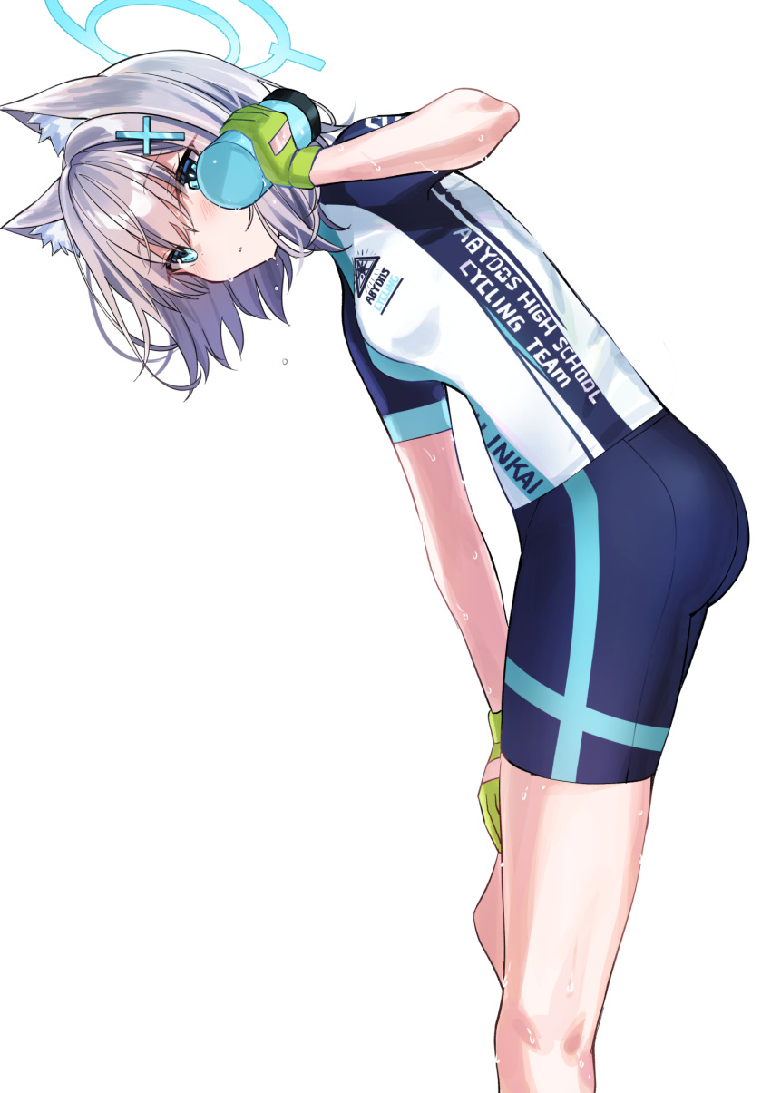 1girl animal_ear_fluff animal_ears ass bike_jersey bike_shorts blue_archive blue_eyes bottle breasts commentary cross_hair_ornament feet_out_of_frame from_side gloves green_gloves hair_ornament halo hand_up highres holding holding_bottle leaning_forward looking_at_viewer medium_breasts medium_hair mismatched_pupils official_alternate_costume ponpon_nun shiroko_(blue_archive) shiroko_(cycling)_(blue_archive) silver_hair simple_background skin_tight solo sweat water_bottle white_background wolf_ears
