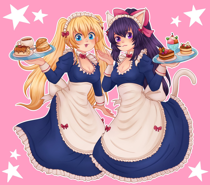 2girls :3 :p animal_ears blonde_hair blue_eyes blue_hair bow breasts cat_ears cat_girl cat_tail commentary commission english_commentary food hair_bow highres holding holding_tray lizlett_l._chelsie long_hair looking_at_viewer maid maid_headdress medium_breasts multiple_girls nanonator3 noihara_himari omamori_himari pink_background pink_bow ponytail smile star_(symbol) tail tongue tongue_out tray twintails very_long_hair violet_eyes waitress