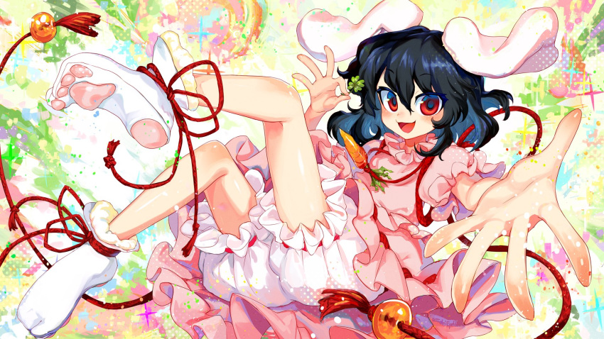 1girl :d animal_ears bangs black_hair bloomers blush carrot_necklace commentary_request dress floppy_ears full_body highres ifelt_(tamaki_zutama) inaba_tewi long_sleeves money_gesture open_mouth outstretched_arm paw_print_soles puffy_short_sleeves puffy_sleeves rabbit_ears red_eyes red_rope ribbon-trimmed_dress rope shiny shiny_skin short_hair short_sleeves smile socks solo sparkle touhou underwear white_legwear