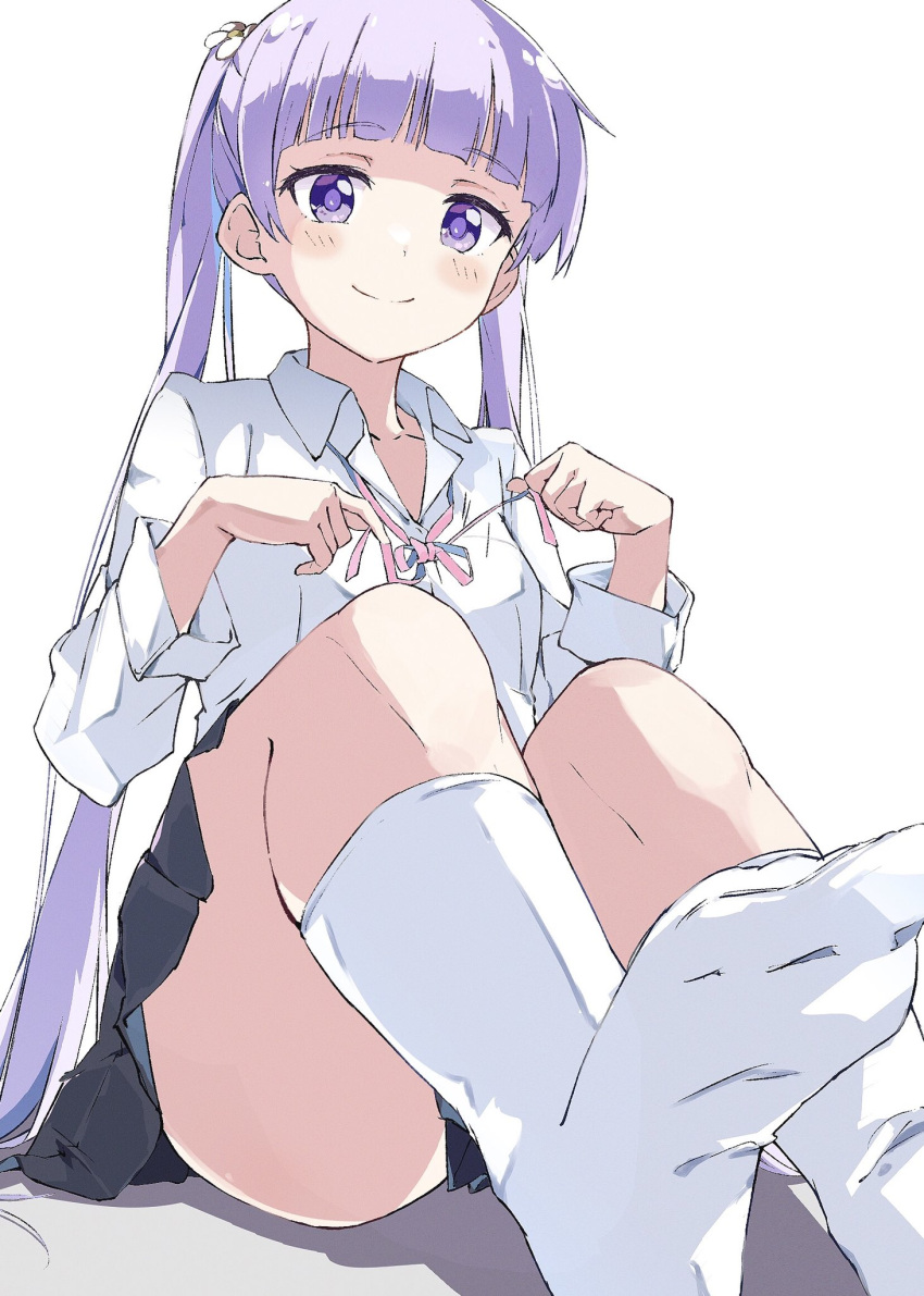 1girl bangs blunt_bangs closed_mouth commentary_request eyebrows_visible_through_hair highres long_hair long_sleeves looking_at_viewer new_game! pink_ribbon purple_hair rauto ribbon shirt simple_background sitting smile socks solo suzukaze_aoba twintails violet_eyes white_background white_shirt